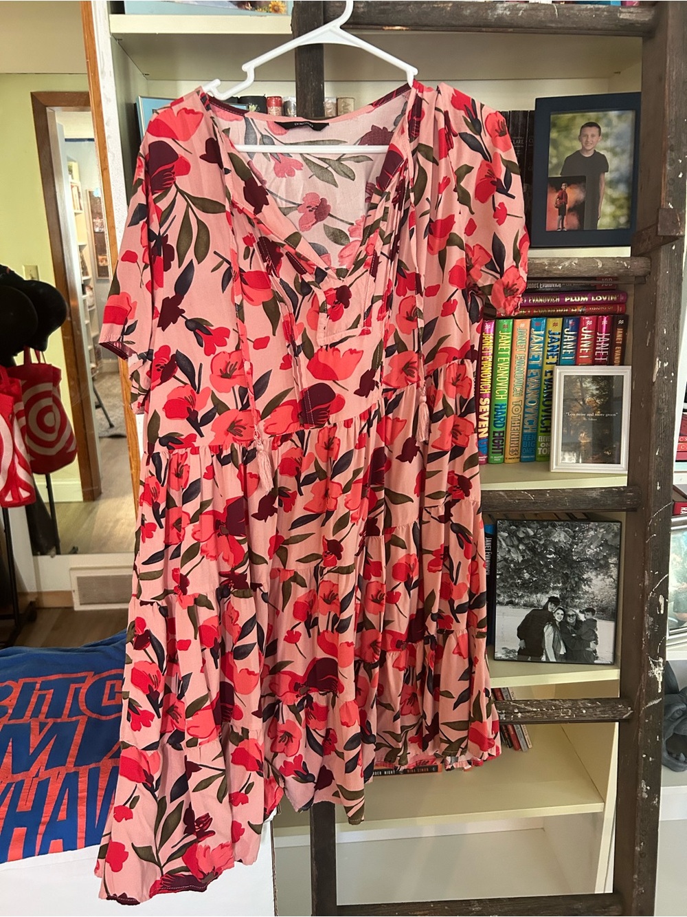 Pink Floral V-Neck Tiered Swing Dress by